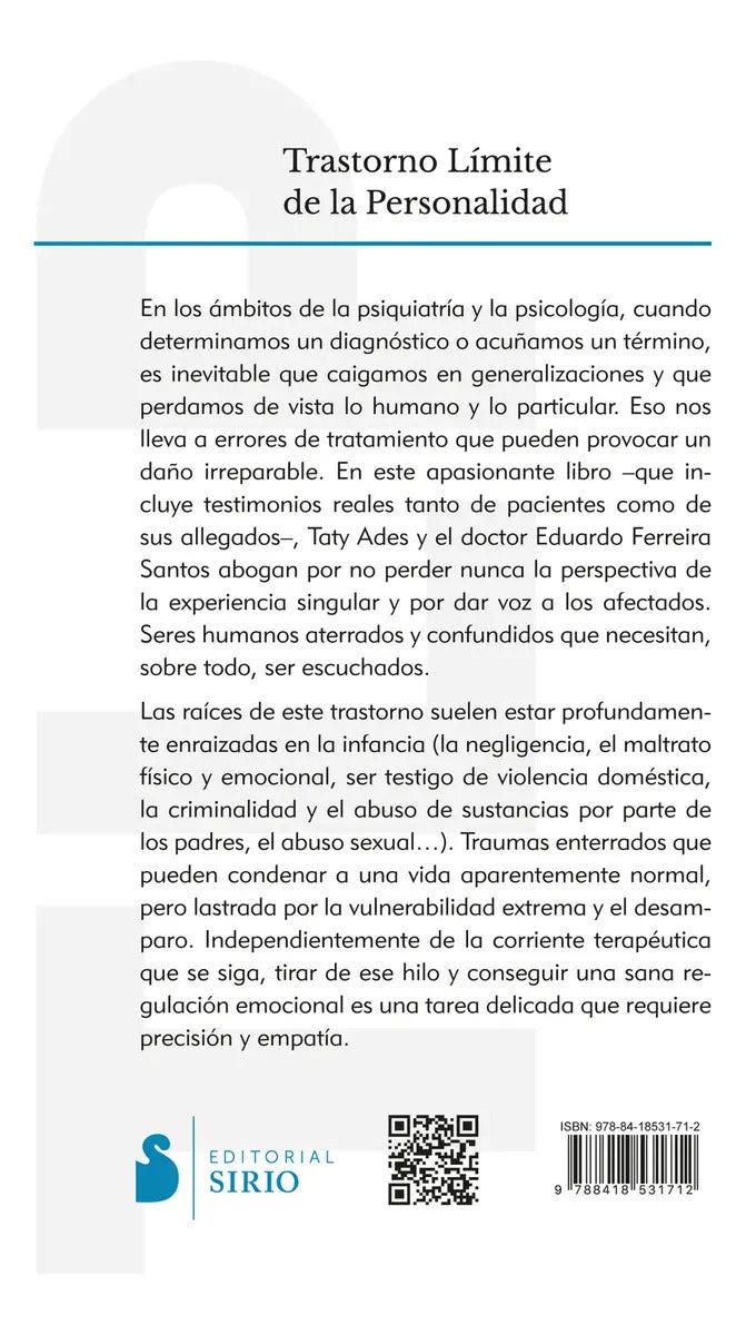 Libro Trastorno Limite De La Personalidad, De Dr. Eduardo Ferreira Santos. Editorial Sirio, Tapa Blanda En Español, 2022