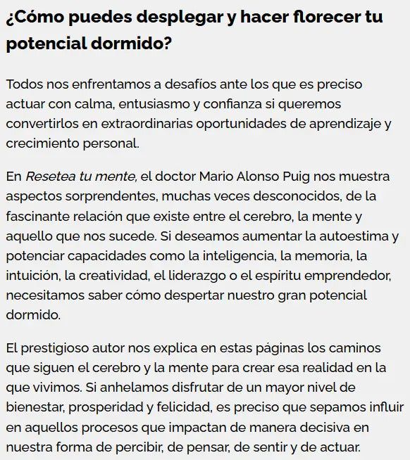 Libro Resetea Tu Mente, De Mario Alonso Puig, Vol. 1. Editorial Espasa, Tapa Blanda (2025)
